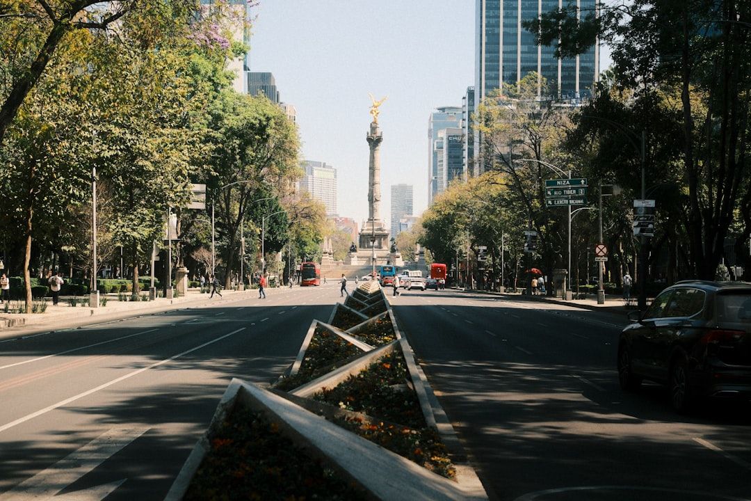Tree lined street in Roma Norte Mexico City with art deco buildings